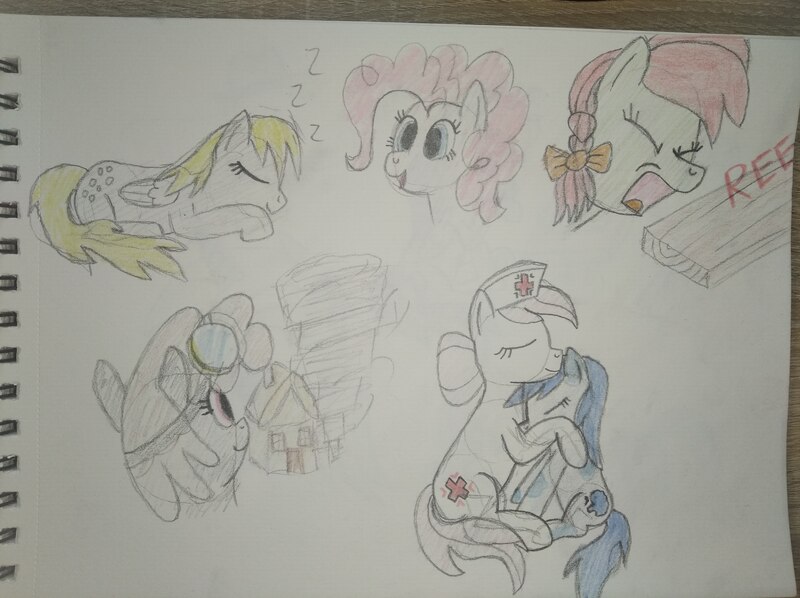 Size: 4032x3016 | Tagged: safe, artist:jakusi, ponerpics import, candy apples, derpy hooves, dust devil, nurse redheart, pinkie pie, oc, oc:fallen oakly, earth pony, pegasus, pony, angry, apple family member, aviator goggles, bow, bust, eyes closed, female, filly, goggles, hair bow, happy, hat, house, hug, image, jpeg, mare, nurse hat, onomatopoeia, plank, portrait, reeee, screaming, sleeping, sound effects, tornado, traditional art, zzz