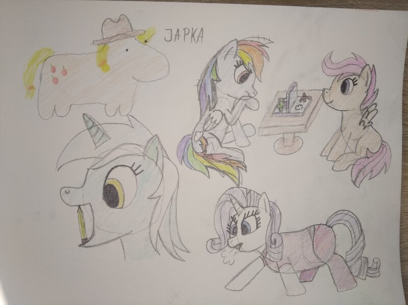 Size: 4032x3016 | Tagged: safe, artist:jakusi, ponerpics import, applejack, lyra heartstrings, rainbow dash, rarity, scootaloo, earth pony, pegasus, pony, unicorn, board game, bust, female, filly, image, jpeg, kuce z bronksu, mare, panting, pencil, portrait, sitting, table, thinking, traditional art, workout outfit