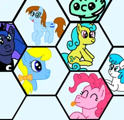 Size: 854x828 | Tagged: safe, artist:jakusi, ponerpics import, blue buck, deep blue, lemon hearts, lightning bolt, lyra heartstrings, pinkie pie, princess luna, white lightning, alicorn, earth pony, pegasus, pony, unicorn, :p, apple cider, apple family member, background pony, bow, bust, eyes closed, female, hair bow, happy, image, mare, numget, png, portrait, sitting, smiling, tongue out