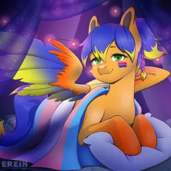 Size: 2000x2000 | Tagged: safe, alternate version, artist:erein, derpibooru import, oc, oc:solar aura, unofficial characters only, pegasus, pony, alternate character, bedroom, bisexual, bisexual pride flag, braid, colored wings, commission, commissioner:solar aura, ears up, flag, garland, green eyes, high res, image, indoors, jpeg, lgbt, looking at you, multicolored hair, multicolored tail, night, pegasus oc, pillow, ponytail, pride, pride flag, pride month, room, smiling, smiling at you, solo, spread wings, string lights, tail, transexual pride flag, transgender, transgender oc, transgender pride flag, wings, ych result