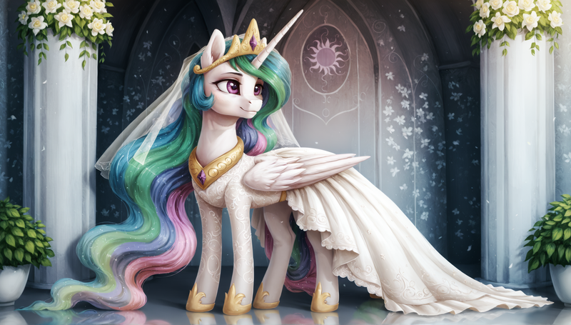 Size: 2560x1456 | Tagged: safe, ai content, derpibooru import, generator:pony realism 2.1, machine learning generated, princess celestia, alicorn, pony, g4, clothes, column, crown, dress, female, image, jewelry, looking sideways, mare, peytral, png, potted plant, prompter:siber, reflection, reflective floor, regalia, solo, veil, wedding dress, wedding veil