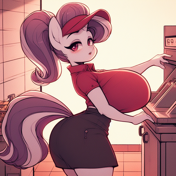 Size: 1024x1024 | Tagged: suggestive, ai content, derpibooru import, machine learning generated, oc, unofficial characters only, anthro, unicorn, adorasexy, anthro oc, big breasts, breasts, busty oc, clothes, curvy, cute, female, horn, hourglass figure, huge breasts, image, implied transformation, implied transgender transformation, impossibly large breasts, impossibly thin waist, large butt, looking at you, looking back, looking back at you, male to female, open mouth, png, ponytail, prompter:horselover fat, restaurant, rule 63, sexy, shirt, shorts, side view, sideboob, solo, story included, talking to viewer, the ass was fat, tiled floor, unicorn oc, uniform, uniform hat, visor cap, working