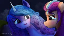 Size: 1024x576 | Tagged: safe, artist:moonkybow, derpibooru import, izzy moonbow, sunny starscout, earth pony, pony, unicorn, g5, crying, duo, duo female, female, horn, image, izzy's lullaby, jpeg, mane stripe sunny, mare, night, scene interpretation