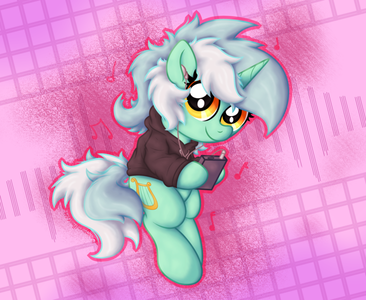 Size: 2796x2293 | Tagged: safe, artist:background basset, derpibooru import, lyra heartstrings, pony, unicorn, abstract background, clothes, earbuds, headphones, hoodie, horn, image, looking at you, mobile phone, phone, png, smiling, smiling at you, solo