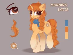 Size: 2048x1533 | Tagged: safe, artist:janelearts, derpibooru import, oc, unofficial characters only, pony, unicorn, blaze (coat marking), braid, braided tail, clothes, coat markings, facial markings, female, horn, image, jpeg, mare, reference sheet, scarf, socks (coat marking), tail