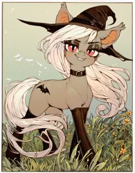 Size: 760x976 | Tagged: safe, ai content, derpibooru import, machine learning generated, prompter:radioglitch, stable diffusion, bat pony, clothes, generator:pony diffusion v6 xl, hat, image, png, socks, stockings, thigh highs, witch hat