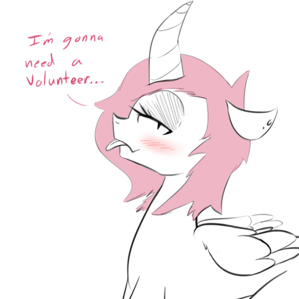 Size: 900x900 | Tagged: dead source, suggestive, artist:apinklife, artist:pinkgagy, oc, oc:gagy, unofficial characters only, alicorn, pony, unicorn, :p, alicorn oc, ask, blushing, curved horn, dialogue, ear piercing, earring, female, floppy ears, folded wings, horn, image, jewelry, lidded eyes, looking at you, mare, piercing, png, profile, simple background, talking to viewer, tongue out, white background, wings