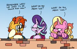 Size: 2168x1400 | Tagged: safe, artist:bobthedalek, derpibooru import, luster dawn, starlight glimmer, sunburst, pony, unicorn, air quotes, atg 2024, clothes, father and child, father and daughter, female, head in hooves, horn, image, luster dawn is starlight's and sunburst's daughter, male, mother and child, mother and daughter, newbie artist training grounds, offspring, older, older starlight glimmer, older sunburst, parent:starlight glimmer, parent:sunburst, parents:starburst, png, sweater, wall