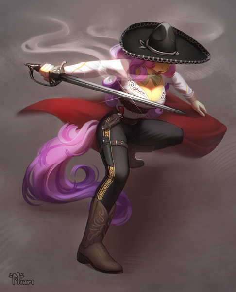 Size: 3000x3700 | Tagged: safe, artist:miurimau, derpibooru import, oc, oc:quickdraw, badass, belt, boot, boots, breasts, buckle, bullet belt, cape, cigar, cleavage, clothes, commissioner:dhs, cowboy boots, freckles, gun, handgun, hat, holster, image, knife, matador, mexican, png, rapier, revolver, shiny, shoes, smoke, smoking, stance, sword, weapon