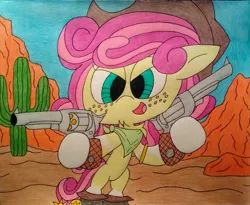 Size: 2617x2141 | Tagged: artist needed, safe, derpibooru import, oc, oc:quickdraw, boots, cactus, chest fluff, chibi, clothes, coat markings, complex background, cowboy boots, cowboy hat, desert, freckles, gun, handgun, handkerchief, hat, hoof ring, image, jpeg, mountain, revolver, shoes, smug, socks (coat marking), weapon