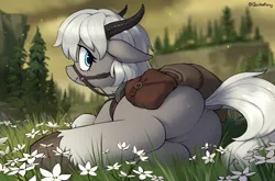 Size: 3490x2310 | Tagged: safe, artist:quotepony, derpibooru import, pony, bag, butt, butt freckles, cliff, dock, elden ring, female, flower, freckles, grass, halter, horns, image, lead, looking at you, looking back, looking back at you, lying down, mare, outdoors, plot, png, saddle, saddle bag, scenery, side, solo, solo female, tack, torrent (elden ring), tree, unshorn fetlocks