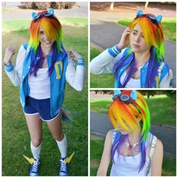 Size: 1024x1024 | Tagged: safe, artist:elimicho, derpibooru import, rainbow dash, human, g4, clothes, cosplay, costume, goggles, image, irl, irl human, jpeg, multicolored hair, photo, rainbow hair