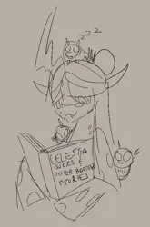 Size: 554x840 | Tagged: safe, artist:notsafeforsanity, derpibooru import, queen chrysalis, changeling, changeling larva, changeling queen, g4, alternate hairstyle, beige background, book, cute, cuteling, doodle, female, glasses, image, mommy chrissy, monochrome, onomatopoeia, png, reading, simple background, sleeping, sound effects, zzz