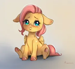 Size: 3065x2810 | Tagged: safe, artist:miokomata, derpibooru import, fluttershy, pegasus, pony, blushing, colored hooves, cute, floppy ears, freckles, freckleshy, frown, gradient background, hooves, image, jpeg, pouting, sad, sadorable, shyabetes, sitting, solo, teary eyes, underhoof