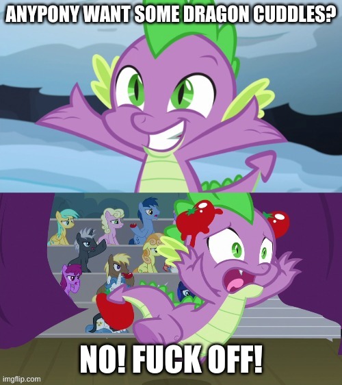 Size: 500x562 | Tagged: safe, derpibooru import, edit, edited screencap, ponybooru import, screencap, spike, dragon, g4, horse play, the times they are a changeling, abuse, booing, cuddle request, denied, food, image, jpeg, male, spikeabuse, stage, tomato, tomatoes, vulgar