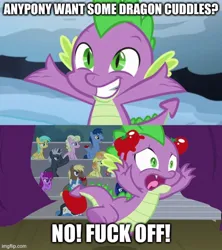 Size: 500x562 | Tagged: safe, derpibooru import, edit, edited screencap, ponybooru import, screencap, spike, dragon, g4, horse play, the times they are a changeling, abuse, booing, cuddle request, denied, food, image, jpeg, male, spikeabuse, stage, tomato, tomatoes, vulgar