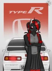 Size: 1400x1900 | Tagged: safe, artist:kreuz, derpibooru import, oc, unofficial characters only, alicorn, anthro, alicorn oc, anthro oc, car, clothes, coat, female, honda, horn, image, png, poster, red and black mane, red and black oc, shy, standing, vehicle, wings