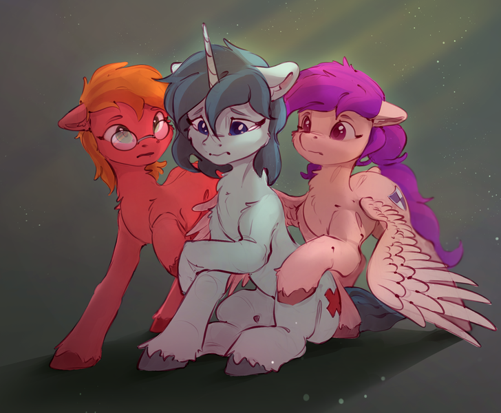 Size: 2432x2004 | Tagged: safe, artist:itssim, derpibooru import, oc, oc:amanita, oc:bitterroot, oc:restricted code, earth pony, pegasus, unicorn, glasses, horn, image, nervous, png, trio