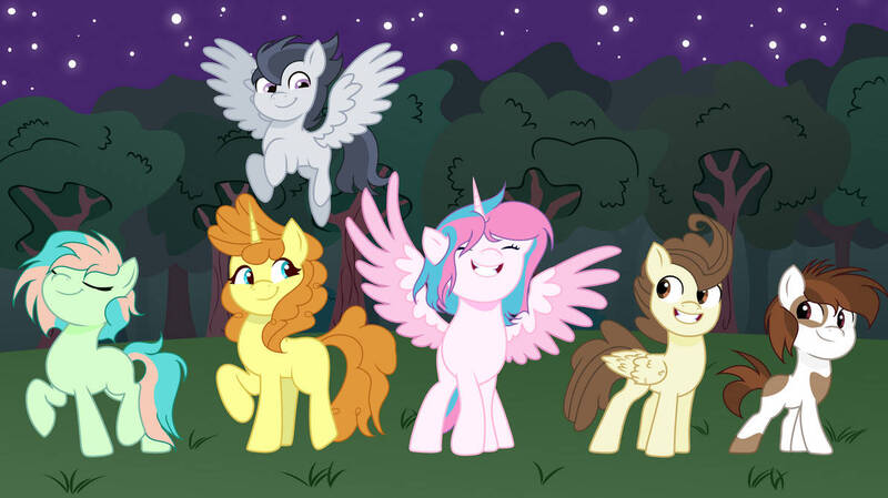 Size: 1193x670 | Tagged: safe, artist:starfyres, derpibooru import, coral currents, pipsqueak, pound cake, princess flurry heart, pumpkin cake, rumble, alicorn, earth pony, pegasus, pony, unicorn, g4, alternate mane six, background, base used, eyes closed, female, flying, group, horn, image, jpeg, male, mare, older, older coral currents, older flurry heart, older pipsqueak, older pound cake, older pumpkin cake, older rumble, s, smiling, stallion