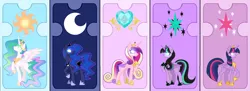 Size: 2260x822 | Tagged: safe, artist:alinamandarina, artist:lunerymish, derpibooru import, princess cadance, princess celestia, princess luna, twilight sparkle, twilight sparkle (alicorn), oc, oc:twivine sparkle, alicorn, pony, g4, base used, blank eyes, female, group, image, mare, older, older twilight, older twilight sparkle (alicorn), png