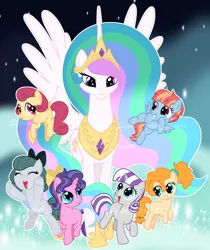 Size: 827x986 | Tagged: safe, artist:sunlightshimmer64, derpibooru import, cloudy quartz, cookie crumbles, pear butter, posey shy, princess celestia, twilight velvet, windy whistles, alicorn, earth pony, pegasus, pony, unicorn, g4, base used, bow, female, filly, filly cloudy quartz, filly cookie crumbles, filly pear butter, filly posey shy, filly twilight velvet, filly windy whistles, foal, group, horn, image, jpeg, mare, mom six, smiling, when she smiles, younger