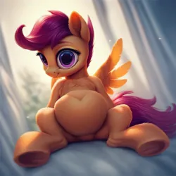 Size: 1024x1024 | Tagged: safe, ai content, derpibooru import, machine learning assisted, machine learning generated, prompter:jaguarcalamitydejv, scootaloo, pegasus, pony, g4, belly, big belly, big eyes, female, fetish, image, jpeg, mare, pregnant, sitting, solo, wings