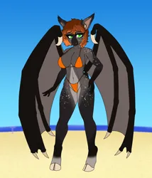 Size: 3600x4200 | Tagged: suggestive, artist:terton, derpibooru import, oc, oc:tourmaline, unofficial characters only, anthro, bat, bat deer, bat pony, deer, hybrid, pony, unguligrade anthro, anthro oc, bat pony deer, bat pony oc, bat wings, beach, belly, belly button, bikini, breasts, busty oc, clothes, cloven hooves, commission, deerbat, fangs, female, gift art, hybrid oc, image, mare, png, slit pupils, smiling, solo, solo female, swimsuit, wings