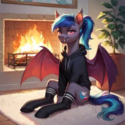 Size: 1024x1024 | Tagged: safe, ai content, derpibooru import, machine learning generated, prompter:lostconn, stable diffusion, oc, bat pony, pony, bat pony oc, bat wings, carpet, clothes, fangs, fireplace, gradient mane, hoodie, image, kneesocks, looking at you, png, ponytail, socks, spread wings, wings