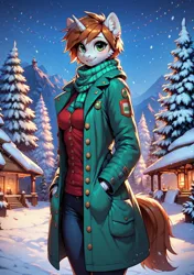 Size: 1216x1728 | Tagged: safe, ai content, anonymous prompter, derpibooru import, machine learning generated, oc, oc:littlepip, unofficial characters only, anthro, unicorn, fallout equestria, g4, clothes, coat, cute, hand in pocket, horn, image, jpeg, looking at you, night, night sky, scarf, sky, smiling, smiling at you, snow, solo, village, winter