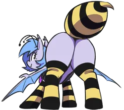 Size: 1125x1000 | Tagged: safe, artist:thebatfang, derpibooru import, oc, oc:lucky roll, unofficial characters only, bat pony, pony, animal costume, bat pony oc, bat wings, bee costume, butt, clothes, costume, featureless crotch, female, image, mare, plot, png, simple background, solo, transparent background, wings