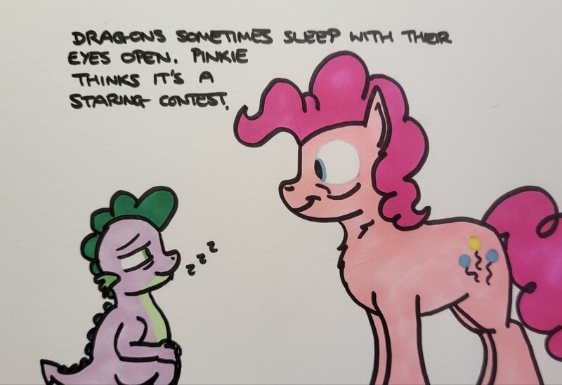 Size: 2048x1406 | Tagged: safe, artist:hoofclid, derpibooru import, pinkie pie, spike, dragon, earth pony, pony, chest fluff, duo, duo male and female, female, image, jpeg, male, mare, marker drawing, sleeping, smiling, staring contest, text, traditional art