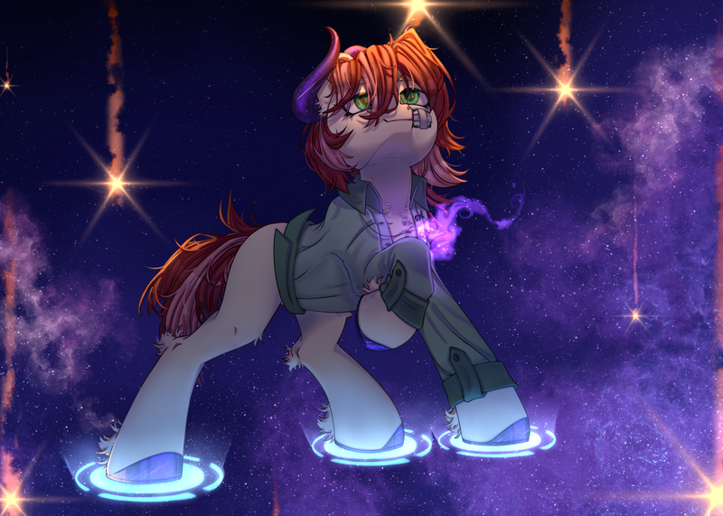 Size: 3500x2500 | Tagged: safe, artist:medkit, derpibooru import, oc, oc:amelia, unofficial characters only, earth pony, pony, accessory, artfight, bandaid, blue light, chest fluff, clothes, colored ears, colored eyelashes, colored hooves, colored lineart, colored pupils, colored sketch, complex background, ear fluff, ears up, earth pony oc, eye clipping through hair, eyebrows, eyebrows visible through hair, eyes open, female, fringe, full body, galaxy hooves, galaxy horns, green eyes, green shirt, head up, heart shaped, high res, hoof fluff, hooves, horns, image, jewelry, leg fluff, lightly watermarked, looking at something, magic, mare, necklace, orange light, png, purple light, quadrupedal, raised hoof, red mane, red tail, shading, shirt, shooting star, signature, sketch, smiling, solo, space, spell, standing, starry sky, stars, sternocleidomastoid, tail, three quarter view, two toned mane, two toned tail, wall of tags, watermark