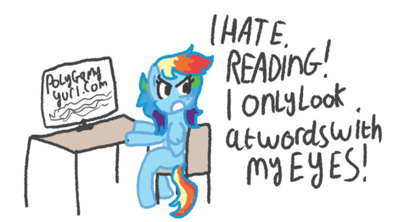 Size: 828x468 | Tagged: safe, artist:zoeyhorse, derpibooru import, rainbow dash, pegasus, pony, g4, anatomically incorrect, dialogue, female, image, incorrect leg anatomy, jpeg, mare, monitor, simple background, sitting, solo, white background