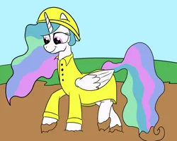 Size: 2000x1600 | Tagged: safe, artist:amateur-draw, derpibooru import, princess celestia, alicorn, clothes, female, hat, image, mud, muddy, muddy hooves, png, raincoat, solo