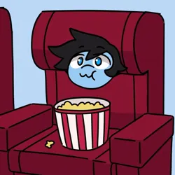 Size: 824x823 | Tagged: safe, artist:makaryo, derpibooru import, oc, oc:makaroni, unofficial characters only, earth pony, pony, blue background, chair, eating, food, image, jpeg, male, popcorn, popcorn bucket, simple background, solo, stallion