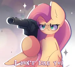 Size: 2150x1900 | Tagged: safe, artist:miryelis, derpibooru import, fluttershy, pegasus, pony, g4, big ears, female, gun, image, long hair, mare, meme, png, serious, solo, text, weapon