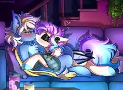 Size: 2461x1800 | Tagged: safe, artist:yuris, derpibooru import, oc, oc:dreamy nightfall, oc:korziera, bat pony, pony, blushing, couch, drink, ears up, eyes closed, female, floppy ears, hug, image, jar, kissing, lesbian, lgbt, lies, night, pillow, plant, png, room, shipping, stairs, steps, trade