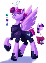 Size: 733x1009 | Tagged: safe, artist:irisikiki, derpibooru import, tempest shadow, twilight sparkle, oc, alicorn, pony, armor, broken horn, female, fusion:tempest shadow, fusion:twilight sparkle, horn, image, jpeg, mare, raised hoof, simple background, spread wings, storm guard armor, white background, wings