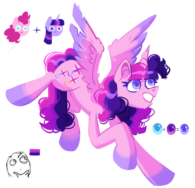 Size: 1880x1813 | Tagged: safe, artist:irisikiki, derpibooru import, pinkie pie, twilight sparkle, twilight sparkle (alicorn), oc, alicorn, earth pony, pony, g4, female, fusion:pinkie pie, fusion:twilight sparkle, grin, image, mare, png, simple background, smiling, solo, white background