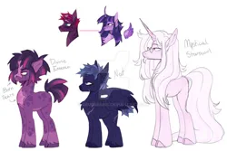 Size: 1093x731 | Tagged: safe, artist:grubbrains, artist:grubgruel, oc, oc:divine essence, oc:mystical starswirl, oc:neit, pegasus, pony, unicorn, alternate design, ambiguous gender, broken horn, coat markings, deviantart watermark, glasses, horn, image, jpeg, magical lesbian spawn, male, next generation, obtrusive watermark, offspring, parent:tempest shadow, parent:twilight sparkle, parents:tempestlight, scar, simple background, stallion, twitterina design, watermark, white background