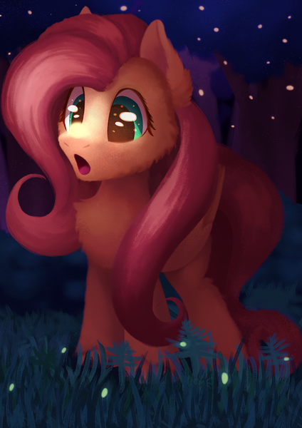 Size: 2894x4093 | Tagged: safe, artist:candy meow, derpibooru import, fluttershy, firefly (insect), insect, pegasus, pony, :o, female, forest, grass, image, mare, nature, open mouth, png, solo, standing, tree