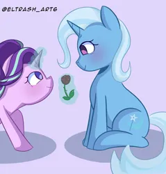 Size: 1958x2048 | Tagged: safe, artist:eltrash_art6, derpibooru import, starlight glimmer, trixie, pony, unicorn, blushing, cute, duo, duo female, female, flower, glow, glowing horn, horn, image, jpeg, lesbian, looking at each other, looking at someone, magic, purple background, rose, shipping, simple background, sitting, startrix