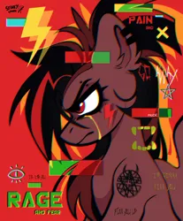 Size: 1620x1957 | Tagged: safe, artist:rtootb, derpibooru import, oc, oc:era, pony, angry, crying, digital art, ear fluff, ear piercing, earring, eyebrow piercing, image, jewelry, lightning, looking up, piercing, png, red eyes, symbol, tattoo, tears of anger, text