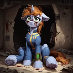 Size: 1216x1216 | Tagged: semi-grimdark, ai content, anonymous prompter, derpibooru import, machine learning generated, oc, oc:littlepip, unofficial characters only, pony, unicorn, fallout equestria, g4, bandage, blood, clothes, crying, fear, female, horn, image, injured, jpeg, jumpsuit, mare, pipbuck, solo, vault suit