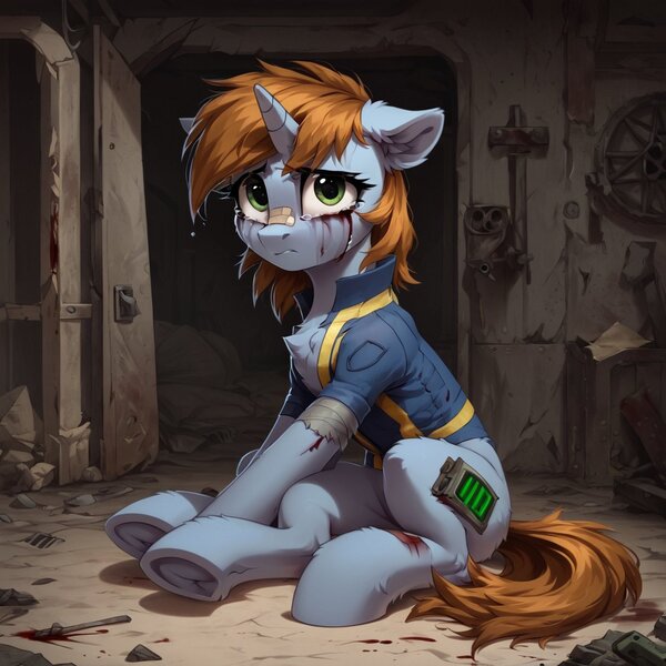 Size: 1216x1216 | Tagged: semi-grimdark, ai content, anonymous prompter, derpibooru import, machine learning generated, oc, oc:littlepip, unofficial characters only, pony, unicorn, fallout equestria, g4, bondage, clothes, crying, female, horn, image, injured, jpeg, jumpsuit, mare, solo, vault suit