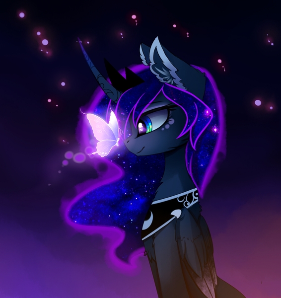 Size: 1487x1576 | Tagged: safe, artist:magnaluna, derpibooru import, princess luna, alicorn, butterfly, insect, pony, g4, butterfly on nose, cheek fluff, chest fluff, crown, curved horn, cute, digital art, ear fluff, ethereal mane, female, folded wings, glow, horn, image, insect on nose, jewelry, jpeg, looking at something, lunabetes, mare, peytral, profile, regalia, side view, smiling, solo, wings