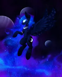 Size: 2346x2925 | Tagged: safe, artist:magnaluna, derpibooru import, princess luna, alicorn, pony, g4, body markings, curved horn, ethereal mane, ethereal wings, female, galaxy mane, glow, glowing eyes, high res, horn, image, jpeg, mare, solo, spread wings, stars, wings