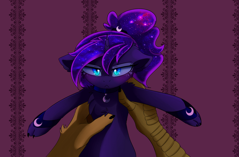 Size: 3400x2245 | Tagged: safe, artist:magnaluna, derpibooru import, discord, princess luna, alicorn, cat, cat pony, draconequus, original species, pony, g4, cheek fluff, claws, collar, duo, duo male and female, ethereal mane, female, female focus, frown, grumpy, grumpy luna, high res, holding a pony, horn, image, jpeg, looking at you, luna is not amused, male, male pov, mare, offscreen character, offscreen male, pov, ship:lunacord, shipping, shoulder fluff, slit pupils, solo focus, straight, unamused