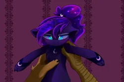 Size: 3400x2245 | Tagged: safe, artist:magnaluna, derpibooru import, discord, princess luna, alicorn, cat, cat pony, draconequus, original species, pony, g4, cheek fluff, claws, collar, duo, duo male and female, ethereal mane, female, female focus, frown, grumpy, grumpy luna, high res, holding a pony, horn, image, jpeg, looking at you, luna is not amused, male, male pov, mare, offscreen character, offscreen male, pov, ship:lunacord, shipping, shoulder fluff, slit pupils, solo focus, straight, unamused