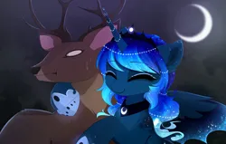 Size: 3000x1910 | Tagged: safe, artist:magnaluna, derpibooru import, princess luna, alicorn, bat pony, bat pony alicorn, deer, pony, g4, bat wings, cheek fluff, chest fluff, crescent moon, crown, cute, ear fluff, eyebrows, eyebrows visible through hair, eyes closed, female, high res, hoof shoes, horn, horn jewelry, hug, image, jewelry, lunabetes, mare, moon, nervous, night, peytral, png, princess shoes, regalia, smiling, spread wings, wings